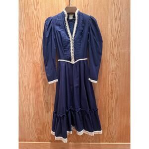 Vintage Gunne Sax Dress Dark Blue Prairie Ivory Trim Lace Buttons Women's S